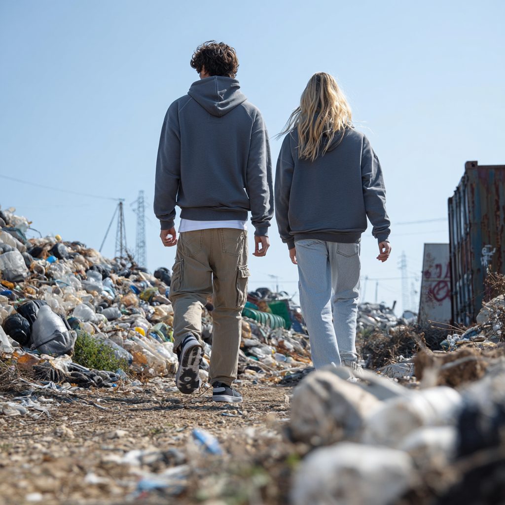 Zwei Menschen in Hoodies gehen durch eine Landschaft aus Plastikmüll