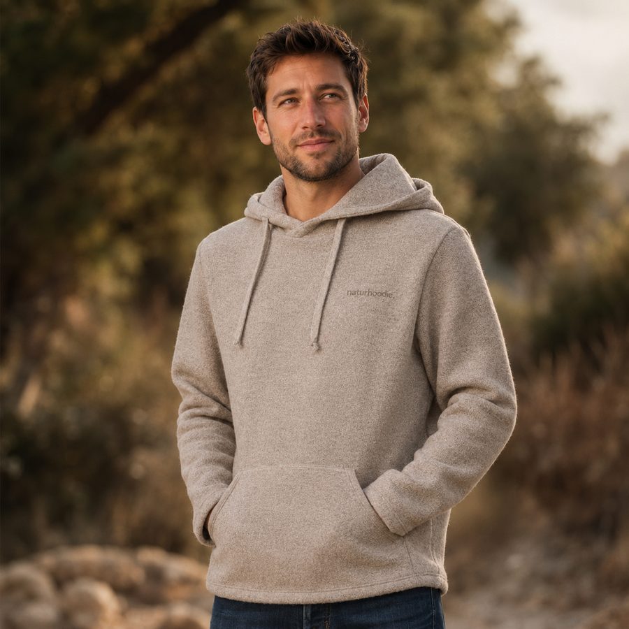 naturhoodie WoolWave – Merino-Hoodie am Model in der Natur